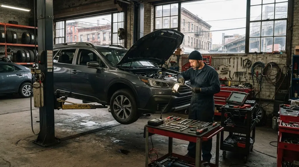 Mechanic inspecting a vehicle inside an independent auto repair shop in Brooklyn New York