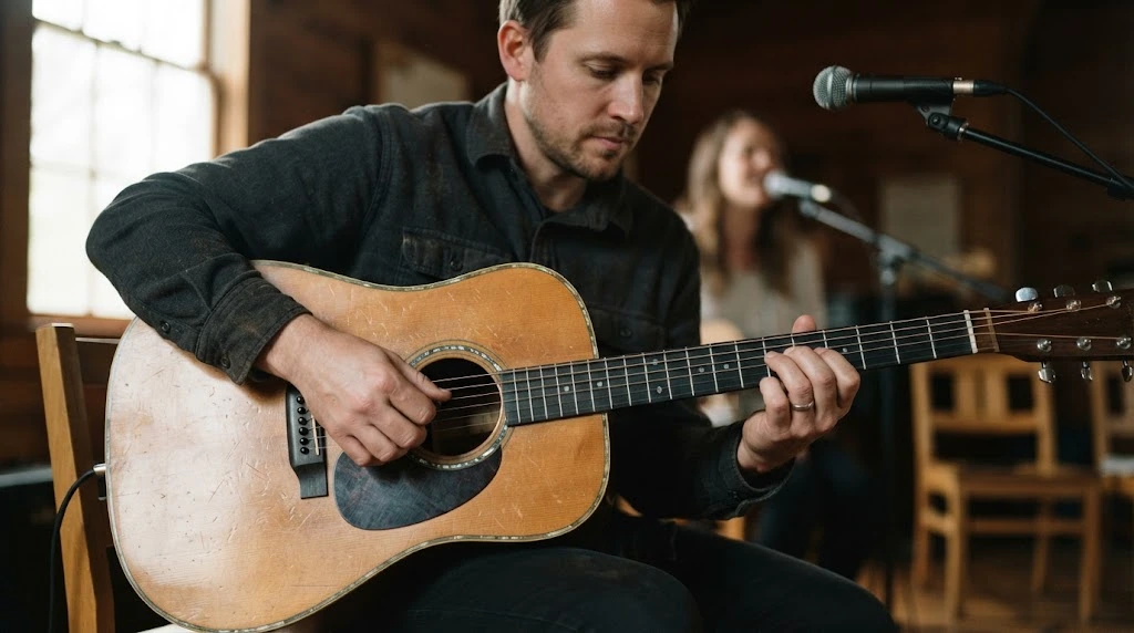 Guitarist playing acoustic guitar chords during a worship rehearsal