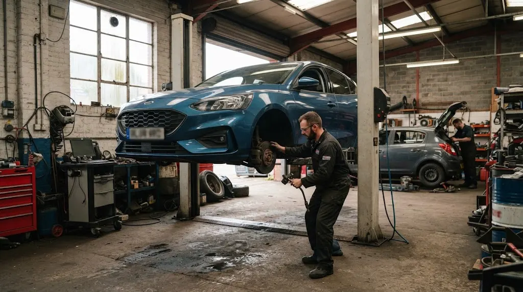 Mechanic inspecting a car inside an independent garage workshop in Abergavenny