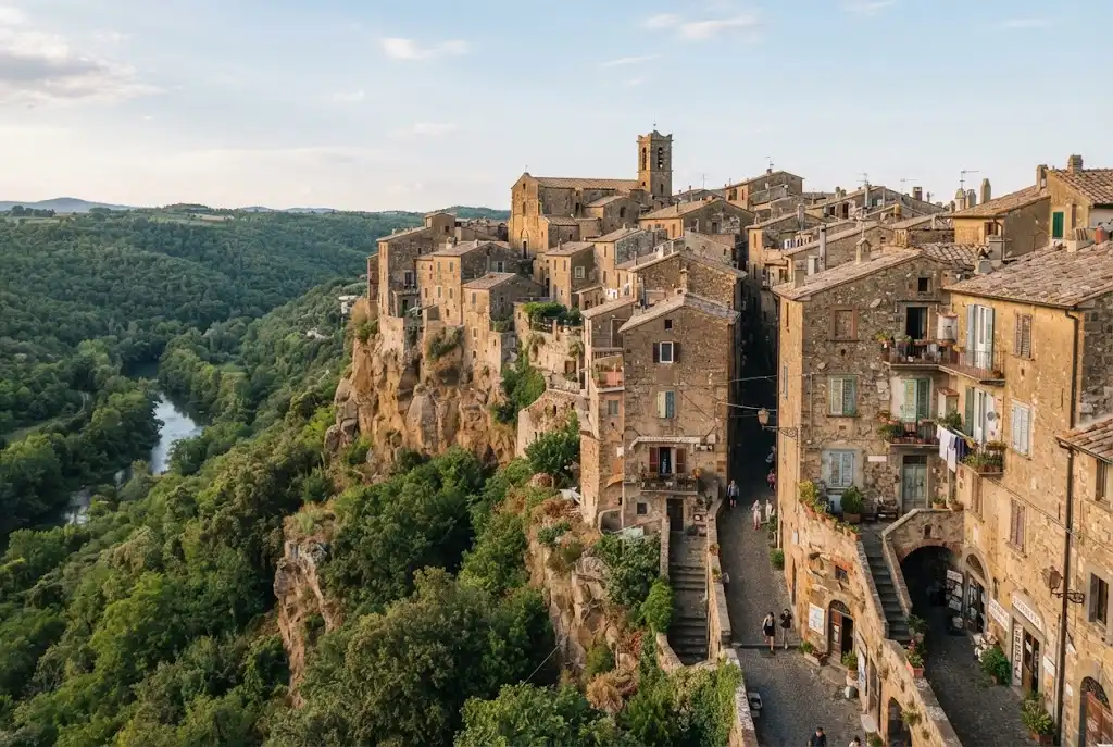 Historic tuff-stone homes in Calcata Italy overlooking the Treja Valley