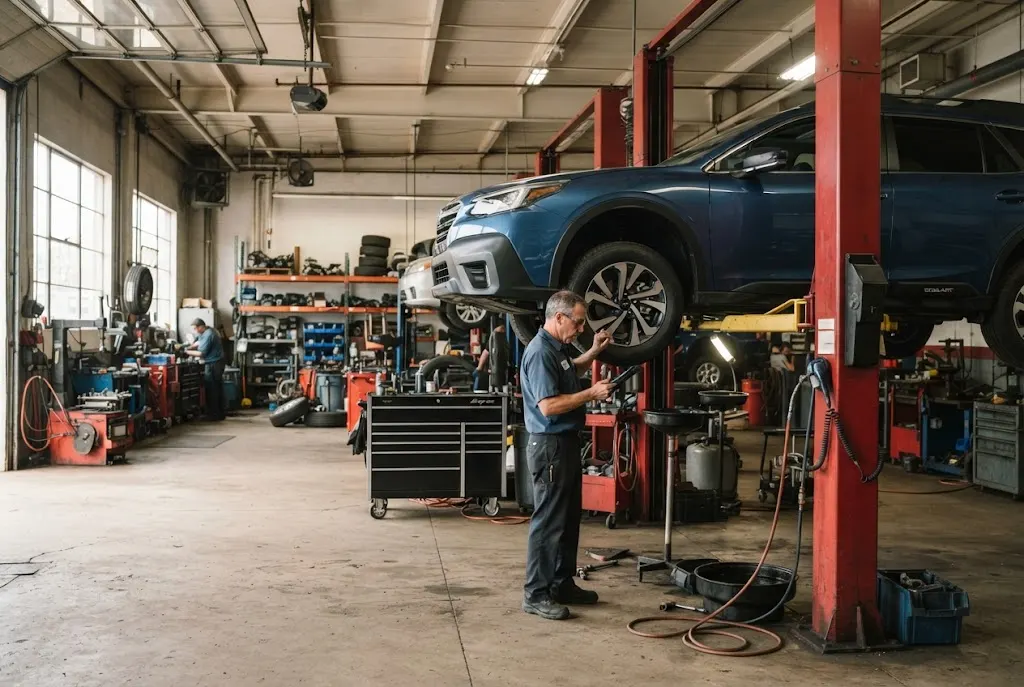 Mechanic inspecting a vehicle at an independent auto repair shop in Columbus Ohio