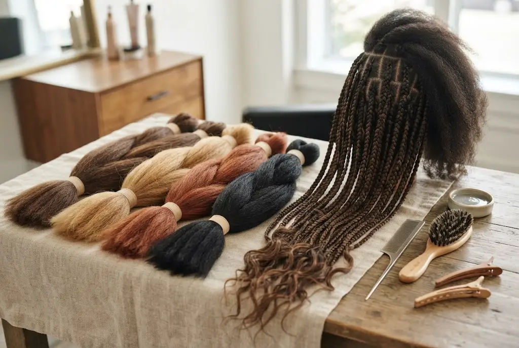 Braiding hair bundles arranged beside a partially completed knotless braid style