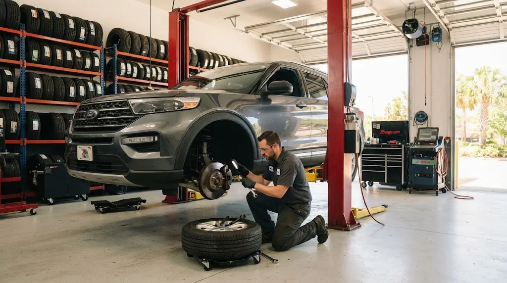 Mechanic inspecting a vehicle at an auto repair and tire service shop in Kissimmee Florida
