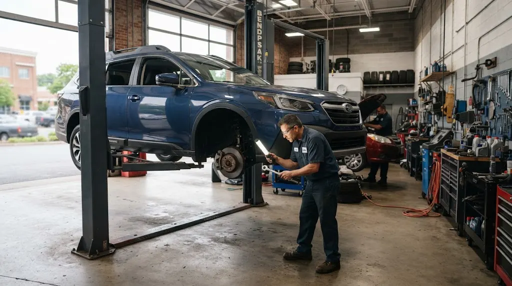 Mechanic inspecting a vehicle at an independent auto repair shop in Alexandria Virginia