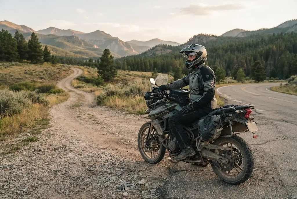 Adventure rider wearing a dual sport motorcycle helmet on a gravel trail