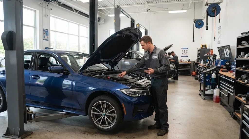 Auto repair technician inspecting a vehicle in a professional service bay