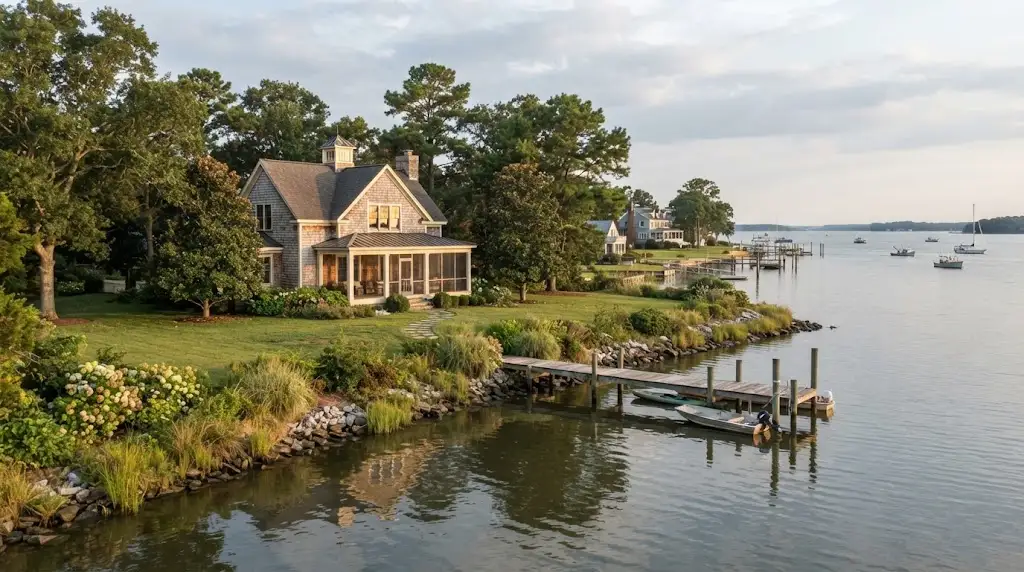 Waterfront home and shoreline in Reedville, Virginia