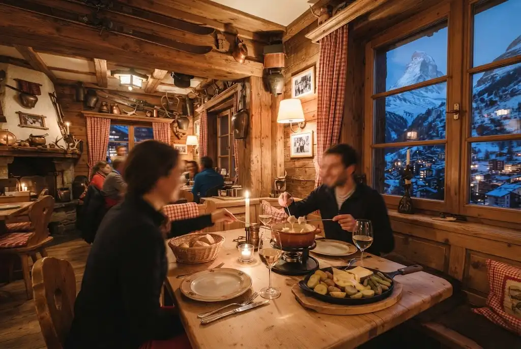 Restaurant Whymper Stube Zermatt with traditional Swiss fondue