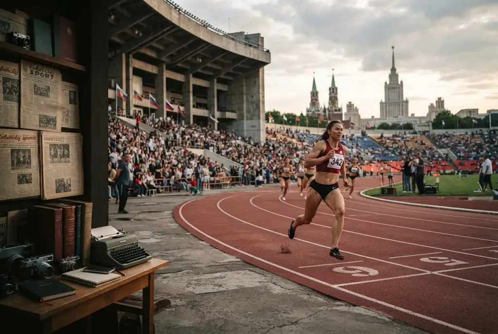 Sovetskij Sport and Russian athletics history represented through an athletics stadium and sports journalism