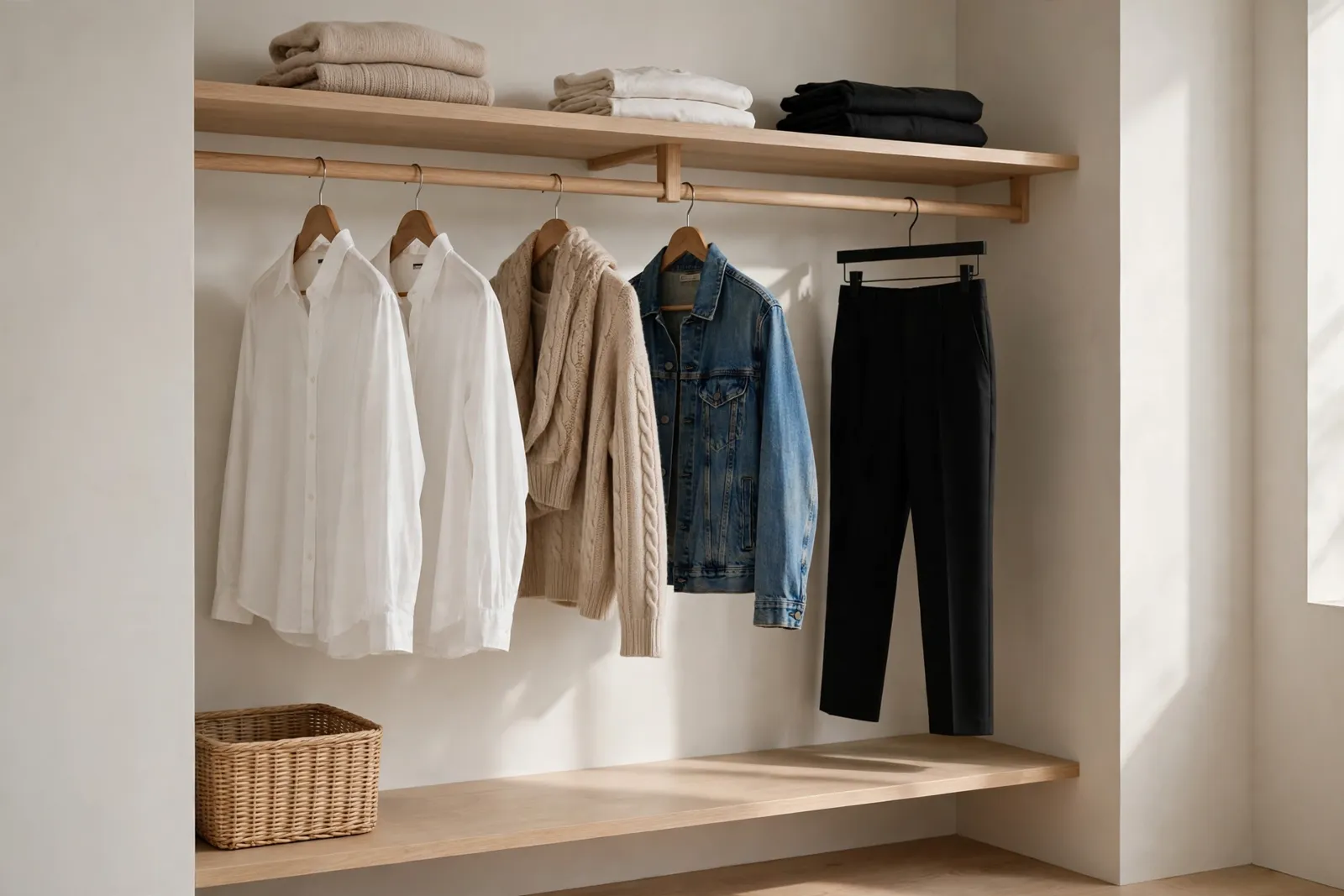 Capsule wardrobe basics — a small curated rail of neutral clothing in a bright closet