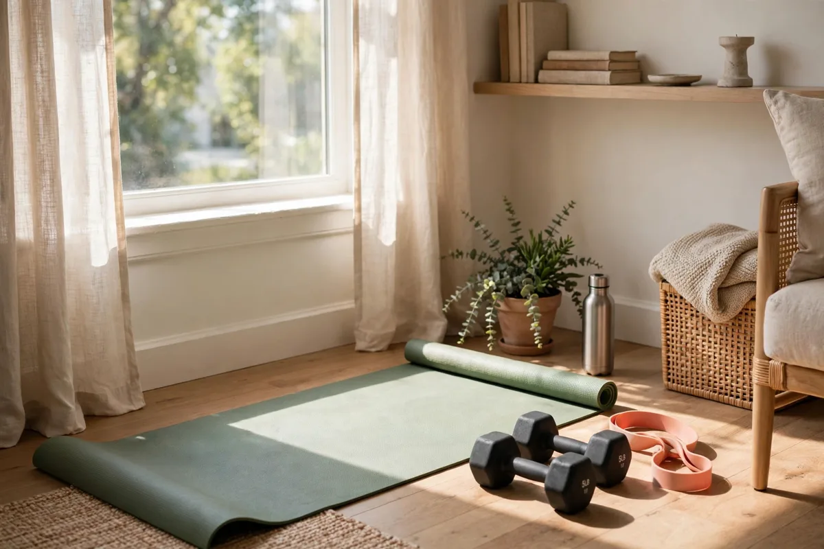 Home workout space ideas — a bright corner with a yoga mat, dumbbells and resistance bands
